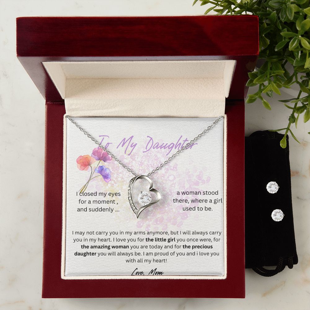 purple color minimalist daughter forever love necklace with earrings bundle